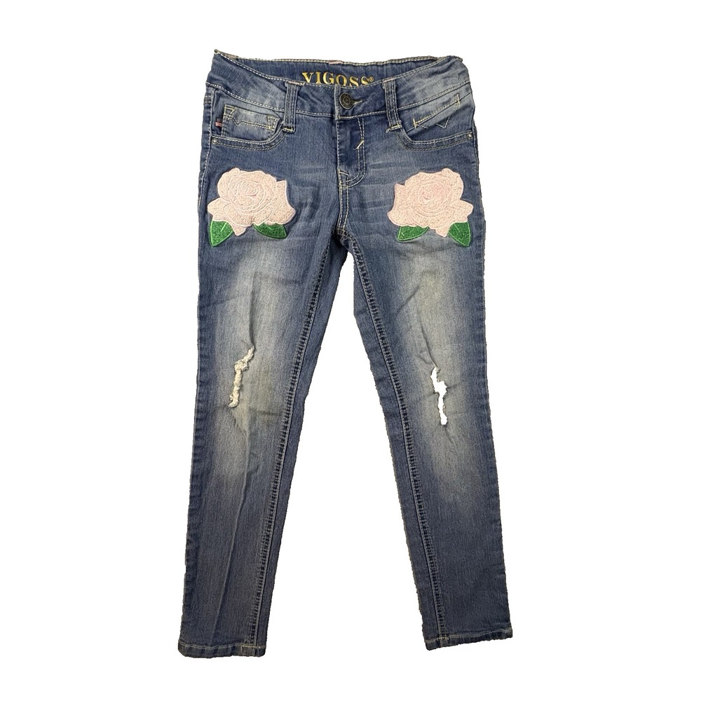 Vigoss Girls 7 (24x22.75) Blue Skinny Pink Rose Embroidered Distressed Jeans